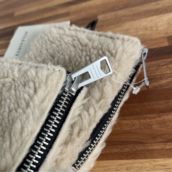 AllSaints Shearling Black Leather Gloves with Ecru Shearling cuff Zipper details - Picture 8 of 13